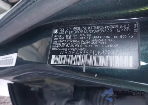 2001 BMW X5 3.0 из США, поврежденный, VIN WBAFA53571LM77470